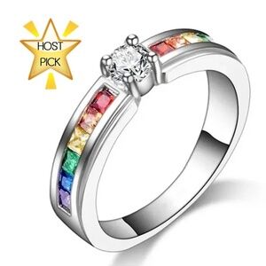 Rainbow Pride Fashion Ring Jewelry Zircon Centre Stone Sz 8.5 Excellent Quality